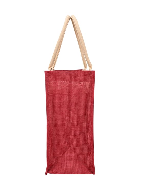 jute cottage eco friendly grocery shopping bag for men & women | maroon printed jute carry bag with zip | handcrafted sustainable tote for daily use, office, travel jute cottage eco friendly grocery shopping bag for men & women | maroon printed jute carry bag with zip | handcrafted sustainable tote for daily use, office, travel