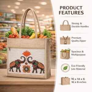 ecofriendly large size jute shopping bag | jute jhola bag for kitchen essential grocery shopping, carry milk, fruits, vegetable with reinforced handles & zipper