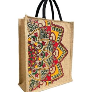 eco friendly jute fabric unique printed bag ideal for tiffin grocery fruitsvegetable with hard grip handle big reusable heavy quality bag zipper for men women