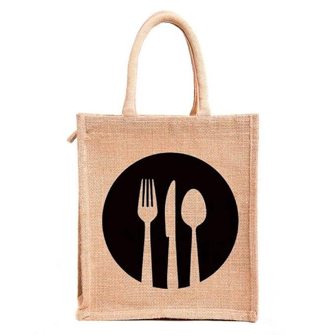 men's jute work tote tiffin bags with zip for lunch (medium size, print: dine 3, beige, size: 11x9x6 inch). men's jute work tote tiffin bags with zip for lunch (medium size, print: dine 3, beige, size: 11x9x6 inch).