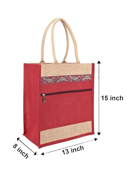 jute cottage eco friendly grocery shopping bag for men & women | maroon printed jute carry bag with zip | handcrafted sustainable tote for daily use, office, travel jute cottage eco friendly grocery shopping bag for men & women | maroon printed jute carry bag with zip | handcrafted sustainable tote for daily use, office, travel