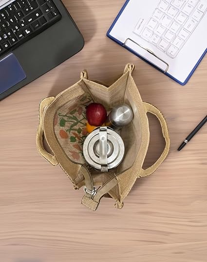 eco friendly jute fabric unique printed bag ideal for tiffin grocery fruits vegetable with hard grip handle, big reusable heavy quality bag with zipper for men women eco friendly jute fabric unique printed bag ideal for tiffin grocery fruits vegetable with hard grip handle, big reusable heavy quality bag with zipper for men women