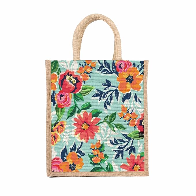 floral printed jute lunch bag for women & men | zip closure & padded handle | 12×14×5 in | tiffin office gym bag | hand printed eco friendly | return gift jute bag floral printed jute lunch bag for women & men | zip closure & padded handle | 12×14×5 in | tiffin office gym bag | hand printed eco friendly | return gift jute bag
