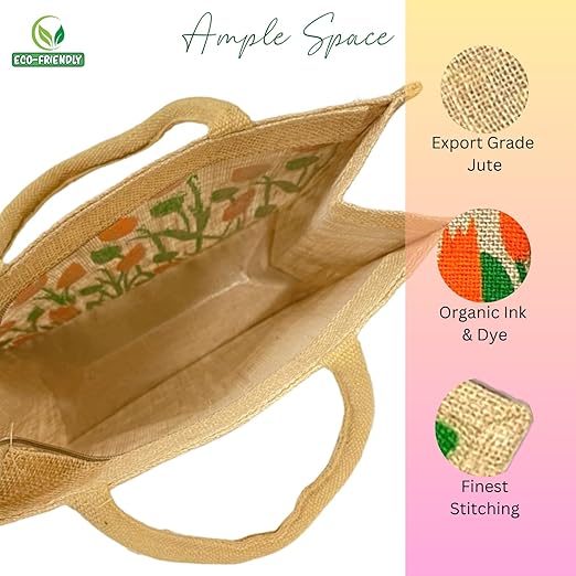 eco friendly jute fabric unique printed bag ideal for tiffin grocery fruits vegetable with hard grip handle, big reusable heavy quality bag with zipper for men women eco friendly jute fabric unique printed bag ideal for tiffin grocery fruits vegetable with hard grip handle, big reusable heavy quality bag with zipper for men women