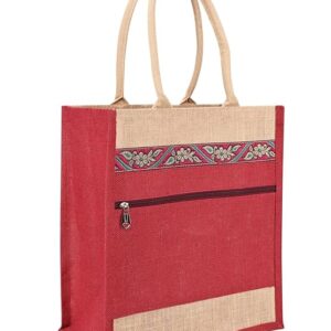 jute cottage eco friendly grocery shopping bag for men & women | maroon printed jute carry bag with zip | handcrafted sustainable tote for daily use, office, travel