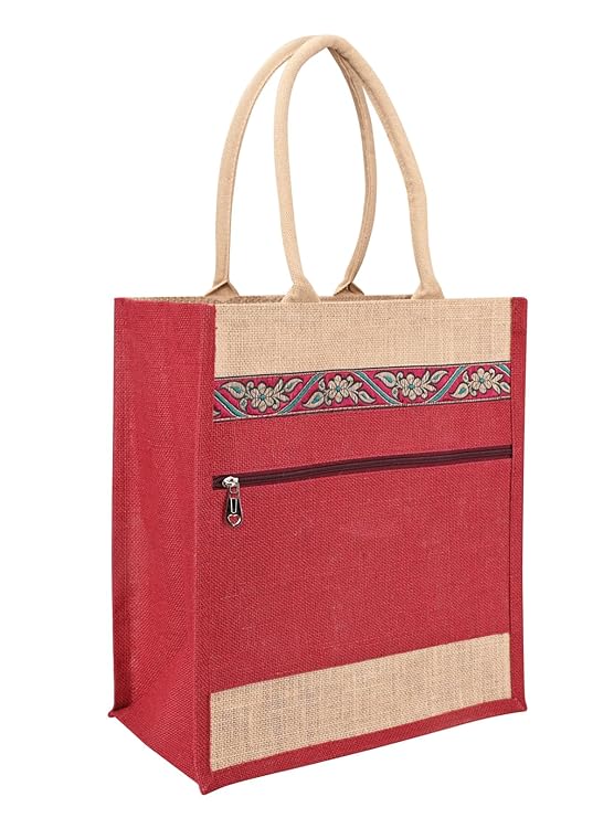 jute cottage eco friendly grocery shopping bag for men & women | maroon printed jute carry bag with zip | handcrafted sustainable tote for daily use, office, travel jute cottage eco friendly grocery shopping bag for men & women | maroon printed jute carry bag with zip | handcrafted sustainable tote for daily use, office, travel