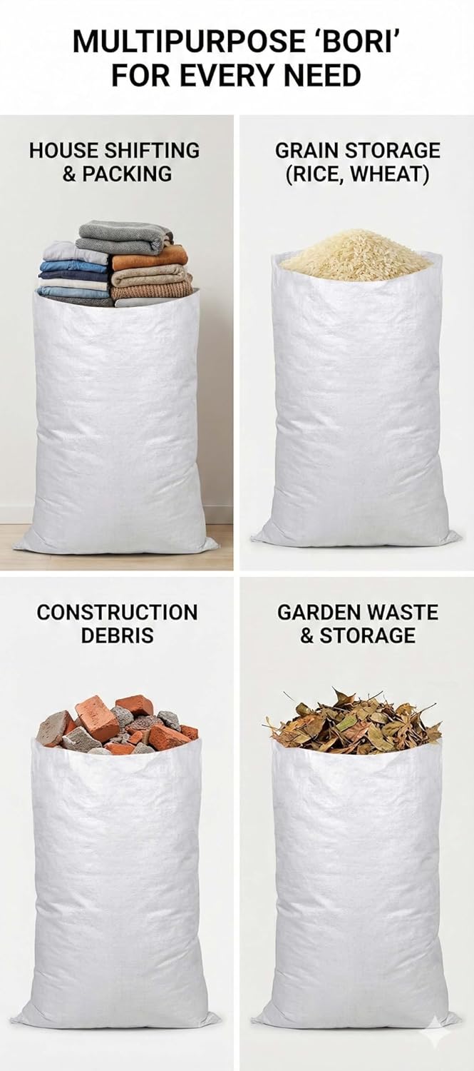 heavy duty woven sacks (50kg) complete packing kit with needles & jute rope white plastic gunny bag/bori/katta for house shifting (pack of 5 bags + 2 needles + 10 ropes) heavy duty woven sacks (50kg) complete packing kit with needles & jute rope white plastic gunny bag/bori/katta for house shifting (pack of 5 bags + 2 needles + 10 ropes)