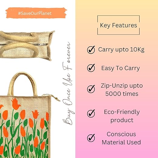 eco friendly jute fabric unique printed bag ideal for tiffin grocery fruits vegetable with hard grip handle, big reusable heavy quality bag with zipper for men women eco friendly jute fabric unique printed bag ideal for tiffin grocery fruits vegetable with hard grip handle, big reusable heavy quality bag with zipper for men women