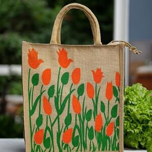 eco friendly jute fabric unique printed bag ideal for tiffin grocery fruits vegetable with hard grip handle, big reusable heavy quality bag with zipper for men women