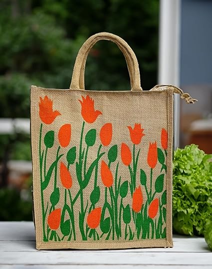 eco friendly jute fabric unique printed bag ideal for tiffin grocery fruits vegetable with hard grip handle, big reusable heavy quality bag with zipper for men women eco friendly jute fabric unique printed bag ideal for tiffin grocery fruits vegetable with hard grip handle, big reusable heavy quality bag with zipper for men women