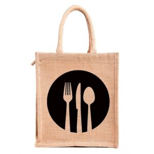 h&b men's jute work tote tiffin bags with zip for lunch (medium size, print: dine 3, beige, size: 11x9x6 inch).