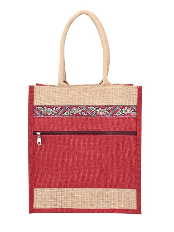 jute cottage eco friendly grocery shopping bag for men & women | maroon printed jute carry bag with zip | handcrafted sustainable tote for daily use, office, travel jute cottage eco friendly grocery shopping bag for men & women | maroon printed jute carry bag with zip | handcrafted sustainable tote for daily use, office, travel