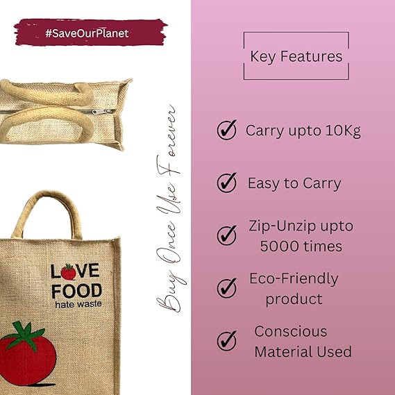 eco friendly jute fabric unique printed bag ideal for tiffin grocery fruits vegetable with hard grip handle, big reusable heavy quality bag with zipper for men women (pack of 2, love food) eco friendly jute fabric unique printed bag ideal for tiffin grocery fruits vegetable with hard grip handle, big reusable heavy quality bag with zipper for men women (pack of 2, love food)