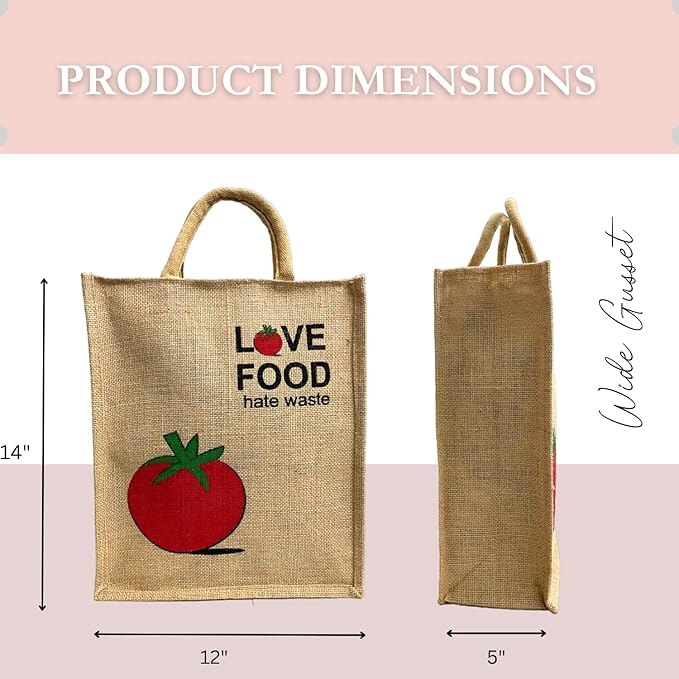 eco friendly jute fabric unique printed bag ideal for tiffin grocery fruits vegetable with hard grip handle, big reusable heavy quality bag with zipper for men women (pack of 2, love food) eco friendly jute fabric unique printed bag ideal for tiffin grocery fruits vegetable with hard grip handle, big reusable heavy quality bag with zipper for men women (pack of 2, love food)