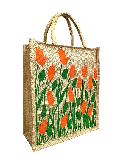 eco friendly jute fabric unique printed bag ideal for tiffin grocery fruits vegetable with hard grip handle, big reusable heavy quality bag with zipper for men women eco friendly jute fabric unique printed bag ideal for tiffin grocery fruits vegetable with hard grip handle, big reusable heavy quality bag with zipper for men women
