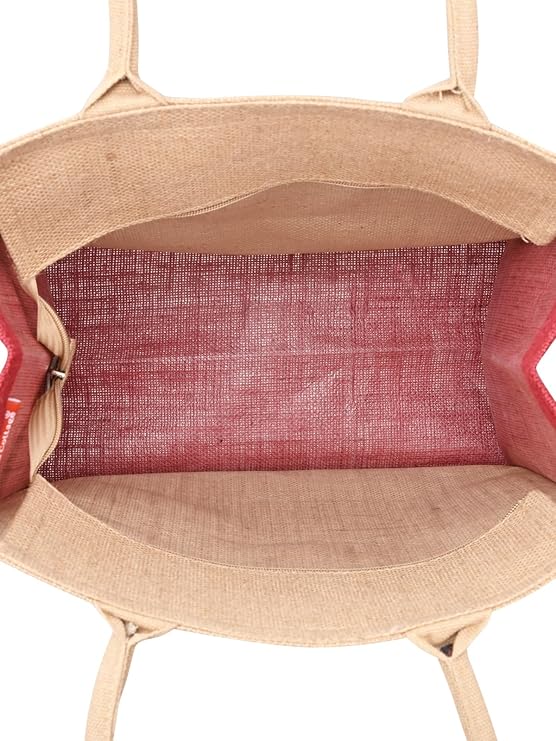 jute cottage eco friendly grocery shopping bag for men & women | maroon printed jute carry bag with zip | handcrafted sustainable tote for daily use, office, travel jute cottage eco friendly grocery shopping bag for men & women | maroon printed jute carry bag with zip | handcrafted sustainable tote for daily use, office, travel