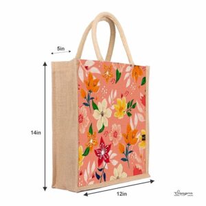 floral printed jute lunch bag for women & men | zip closure & padded handle | 12×14×5 in | tiffin office gym bag | hand printed eco friendly | return gift jute bag
