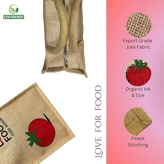 eco friendly jute fabric unique printed bag ideal for tiffin grocery fruits vegetable with hard grip handle, big reusable heavy quality bag with zipper for men women (pack of 2, love food) eco friendly jute fabric unique printed bag ideal for tiffin grocery fruits vegetable with hard grip handle, big reusable heavy quality bag with zipper for men women (pack of 2, love food)