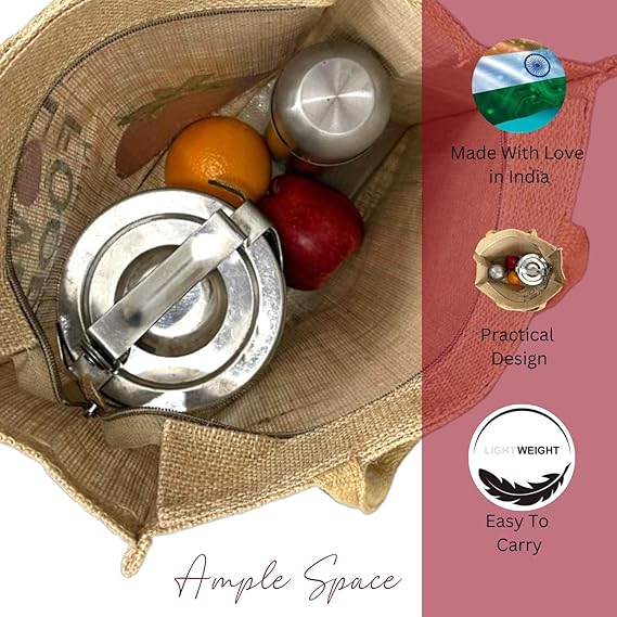eco friendly jute fabric unique printed bag ideal for tiffin grocery fruits vegetable with hard grip handle, big reusable heavy quality bag with zipper for men women (pack of 2, love food) eco friendly jute fabric unique printed bag ideal for tiffin grocery fruits vegetable with hard grip handle, big reusable heavy quality bag with zipper for men women (pack of 2, love food)