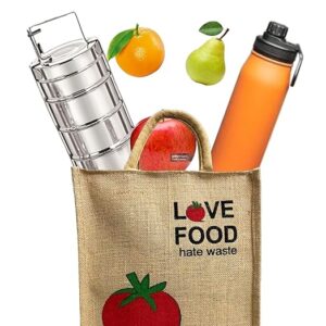 eco friendly jute fabric unique printed bag ideal for tiffin grocery fruits vegetable with hard grip handle, big reusable heavy quality bag with zipper for men women (pack of 2, love food)