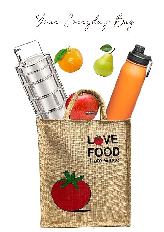 eco friendly jute fabric unique printed bag ideal for tiffin grocery fruits vegetable with hard grip handle, big reusable heavy quality bag with zipper for men women (pack of 2, love food) eco friendly jute fabric unique printed bag ideal for tiffin grocery fruits vegetable with hard grip handle, big reusable heavy quality bag with zipper for men women (pack of 2, love food)