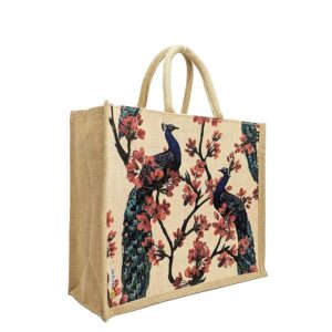 multicolor jute bag for women and men lunch bag with zip and handle (flower blue)