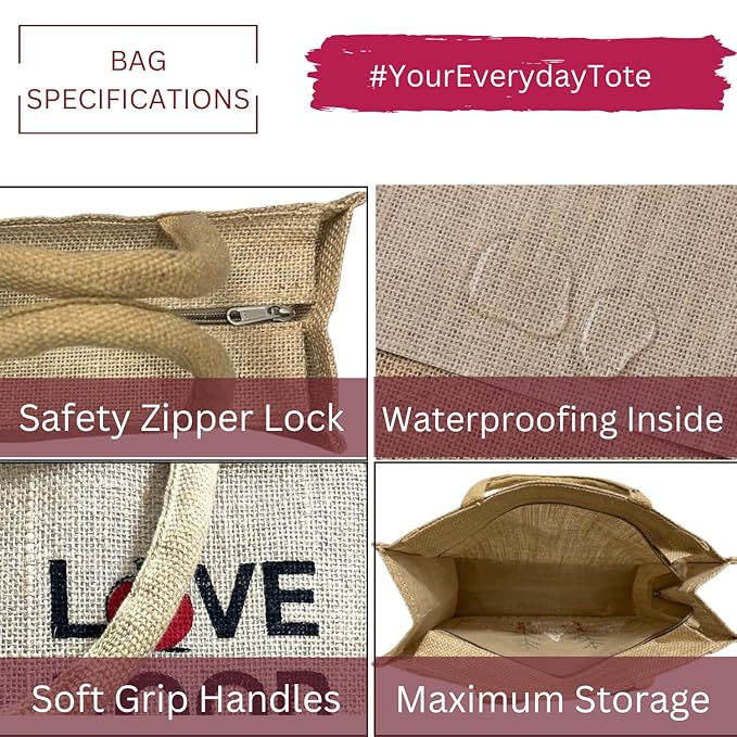 eco friendly jute fabric unique printed bag ideal for tiffin grocery fruits vegetable with hard grip handle, big reusable heavy quality bag with zipper for men women (pack of 2, love food) eco friendly jute fabric unique printed bag ideal for tiffin grocery fruits vegetable with hard grip handle, big reusable heavy quality bag with zipper for men women (pack of 2, love food)