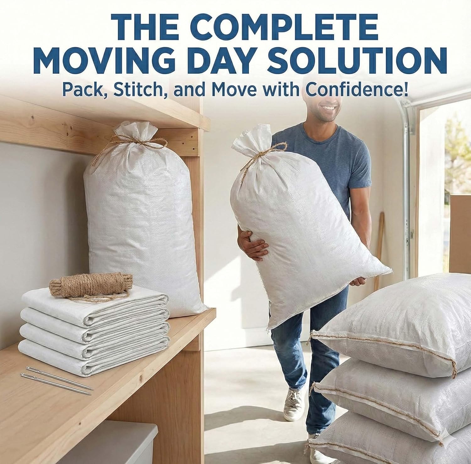 heavy duty woven sacks (50kg) complete packing kit with needles & jute rope white plastic gunny bag/bori/katta for house shifting (pack of 5 bags + 2 needles + 10 ropes) heavy duty woven sacks (50kg) complete packing kit with needles & jute rope white plastic gunny bag/bori/katta for house shifting (pack of 5 bags + 2 needles + 10 ropes)