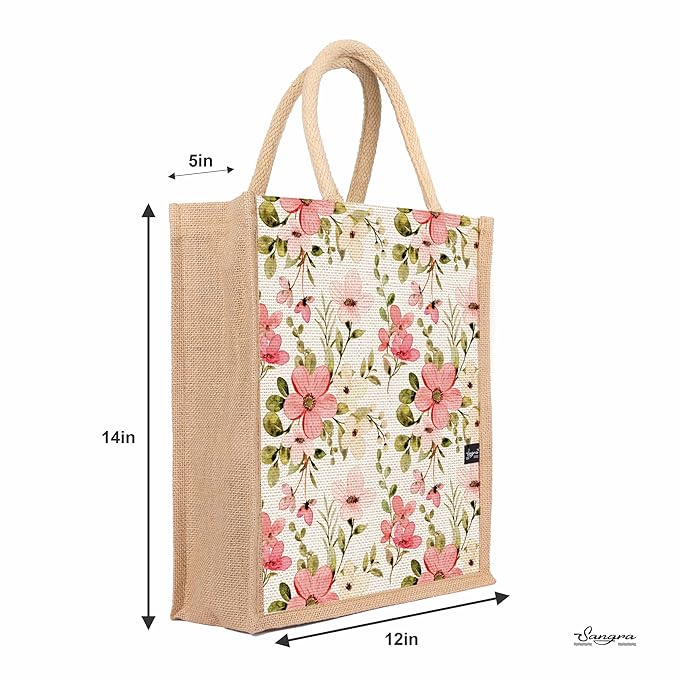 floral printed jute lunch bag for women & men | zip closure & padded handle | 12×14×5 in | tiffin office gym bag | hand printed eco friendly | return gift jute bag floral printed jute lunch bag for women & men | zip closure & padded handle | 12×14×5 in | tiffin office gym bag | hand printed eco friendly | return gift jute bag