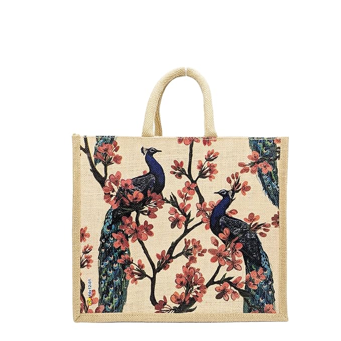 multicolor jute bag for women and men lunch bag with zip and handle (flower blue) multicolor jute bag for women and men lunch bag with zip and handle (flower blue)