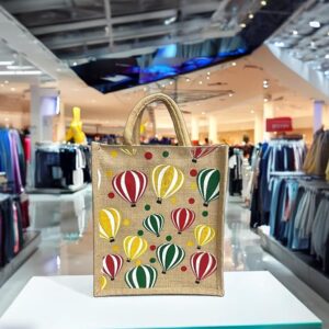 eco friendly jute fabric unique printed bag ideal for tiffin grocery fruitsvegetable with hard grip handle big reusable heavy quality bag zipper for men women (pack of 2, parachute)