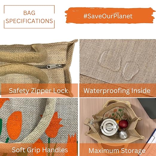 eco friendly jute fabric unique printed bag ideal for tiffin grocery fruits vegetable with hard grip handle, big reusable heavy quality bag with zipper for men women eco friendly jute fabric unique printed bag ideal for tiffin grocery fruits vegetable with hard grip handle, big reusable heavy quality bag with zipper for men women