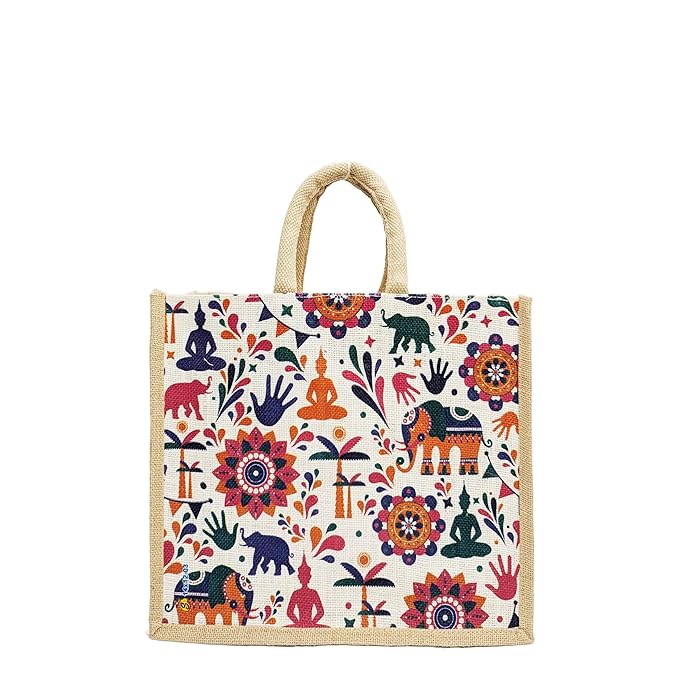 multicolor jute bag for women and men lunch bag with zip and handle (flower blue) multicolor jute bag for women and men lunch bag with zip and handle (flower blue)