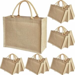 5 pcs jute handbag burlap tote bags travel holiday wedding bridesmaids welcome bags party holiday women's gifts handmade linen diy reusable beach sundries storage bag 15.2 x 12.2 x 6 inch