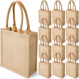 10 pack jute burlap tote bags with handles – reusable canvas gift bags for bridesmaids, weddings & party favors (11" x 9.4" x 3.9")