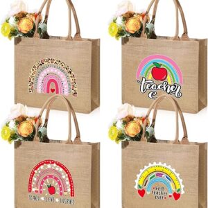 silkfly 4 pcs teacher appreciation gift jute teacher tote bag rainbow teacher gift for women christmas graduation retirement