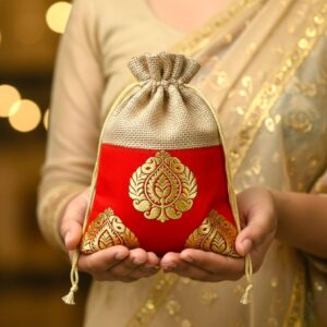 handcrafted ethnic jute potli bag for women | 18x12cm | small drawstring gift pouch for wedding, diwali, rakhi return favors | jewelry, coins, and dry fruit packaging