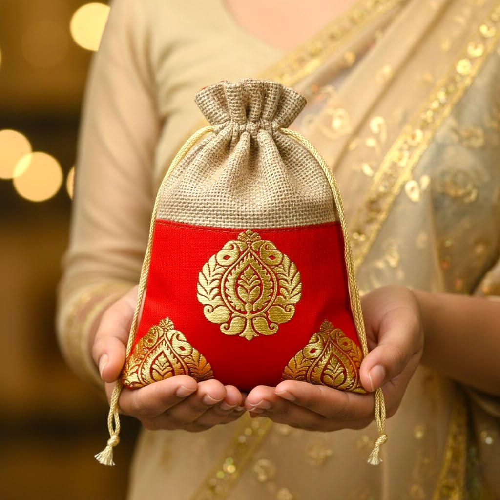 handcrafted ethnic jute potli bag for women | 18x12cm | small drawstring gift pouch for wedding, diwali, rakhi return favors | jewelry, coins, and dry fruit packaging handcrafted ethnic jute potli bag for women | 18x12cm | small drawstring gift pouch for wedding, diwali, rakhi return favors | jewelry, coins, and dry fruit packaging