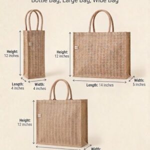 premium jute tote bag set, natural beige, pack of 3, wide, large and bottle bag with interior pocket