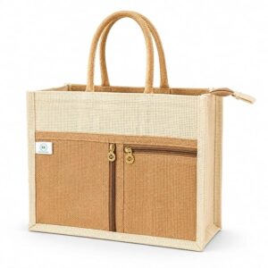 premium jute tote bag with 2 front zipper pockets, 30x35x12 cm, for shopping, office and daily use