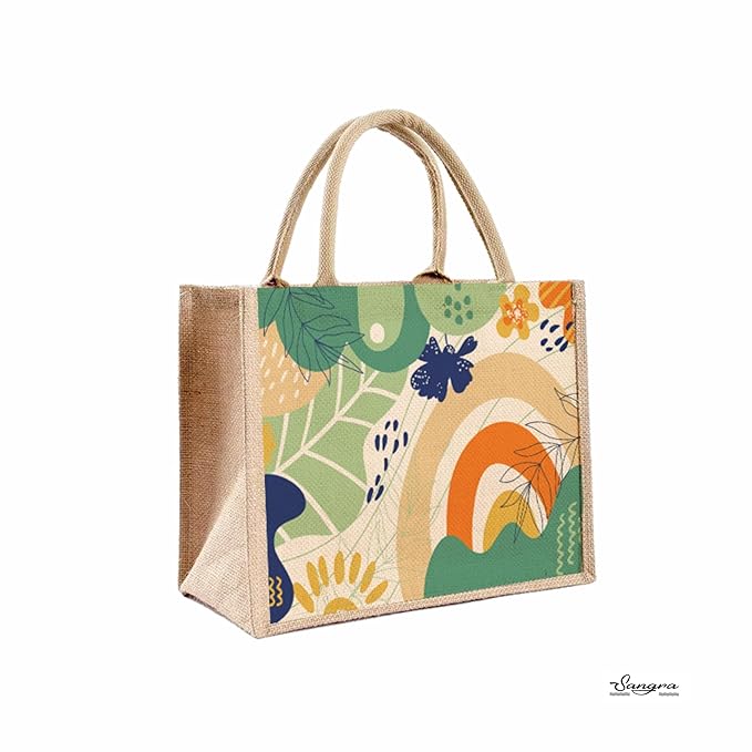 eco friendly abstract print jute bag with zipper | reusable tiffin bag lunch bag shopping grocery multipurpose hand bag for men and women (pack of 2) eco friendly abstract print jute bag with zipper | reusable tiffin bag lunch bag shopping grocery multipurpose hand bag for men and women (pack of 2)
