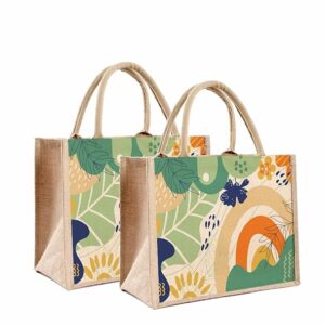 eco friendly abstract print jute bag with zipper | reusable tiffin bag lunch bag shopping grocery multipurpose hand bag for men and women (pack of 2)
