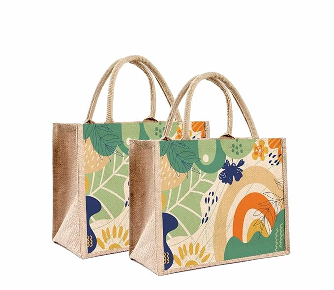 eco friendly abstract print jute bag with zipper | reusable tiffin bag lunch bag shopping grocery multipurpose hand bag for men and women (pack of 2) eco friendly abstract print jute bag with zipper | reusable tiffin bag lunch bag shopping grocery multipurpose hand bag for men and women (pack of 2)