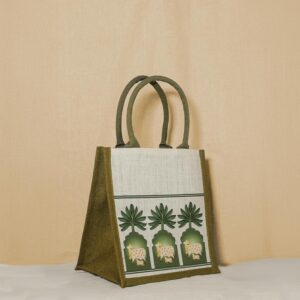 jute cottage eco friendly pichwai tree jharokha jute lunch bag for men, women | handcrafted reusable office tiffin bag | stylish lunchbox ethnic tote | multipurpose carry bag | made in india
