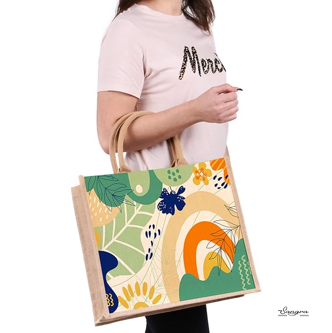eco friendly abstract print jute bag with zipper | reusable tiffin bag lunch bag shopping grocery multipurpose hand bag for men and women (pack of 2) eco friendly abstract print jute bag with zipper | reusable tiffin bag lunch bag shopping grocery multipurpose hand bag for men and women (pack of 2)