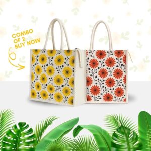 jute bag with zip (pack of 2) | large size reusable bag for grocery shopping, office, travel, picnic & return gifts | printed jute bag with handle for men & women