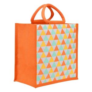 jute cottage eco friendly lunch tote bag for men & women | orange printed jute tiffin bag with zip | handcrafted sustainable carry bag for office, travel, daily use