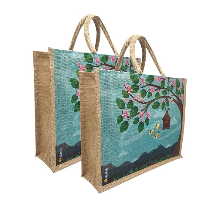 eco friendly abstract print jute bag with zipper | reusable tiffin bag lunch bag shopping grocery multipurpose hand bag for men and women (pack of 2) eco friendly abstract print jute bag with zipper | reusable tiffin bag lunch bag shopping grocery multipurpose hand bag for men and women (pack of 2)