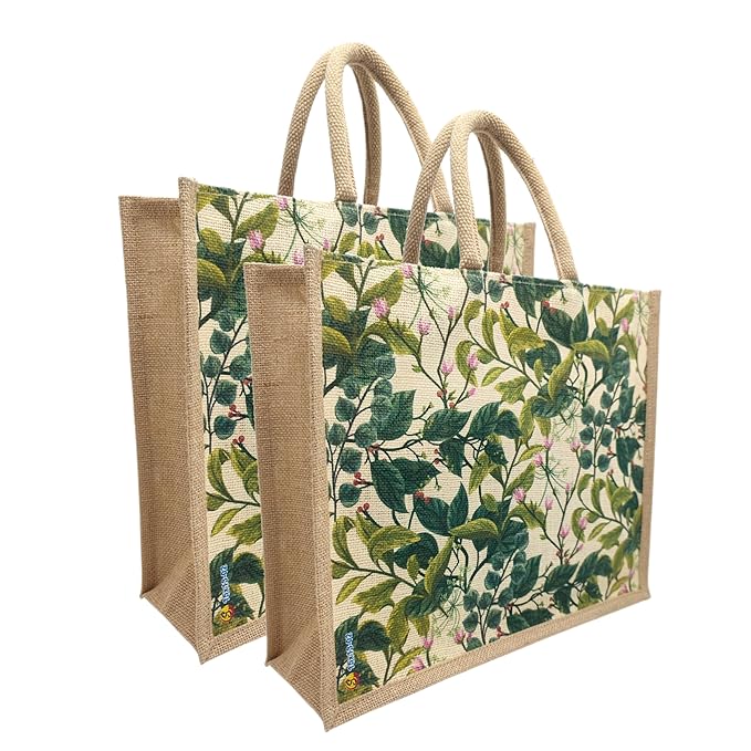 eco friendly abstract print jute bag with zipper | reusable tiffin bag lunch bag shopping grocery multipurpose hand bag for men and women (pack of 2) eco friendly abstract print jute bag with zipper | reusable tiffin bag lunch bag shopping grocery multipurpose hand bag for men and women (pack of 2)