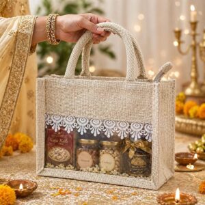 premium jute hamper bag with lace detail & transparent window, natural beige gift tote for wedding return gifts, bridal shower, baby shower, festive packaging, reusable eco friendly carry bag